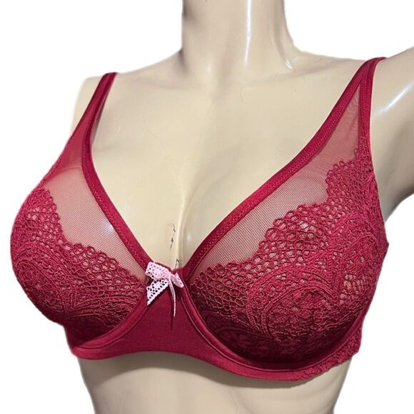 Victorias Secret Body Unlined Demi Crochet Lace with mesh bra 32DDD maroon - Picture 1 of 7